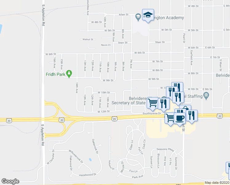 map of restaurants, bars, coffee shops, grocery stores, and more near 833 West 10th Street in Belvidere