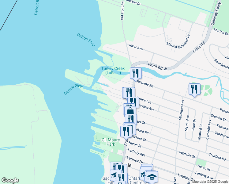 map of restaurants, bars, coffee shops, grocery stores, and more near 40 Major Boulevard in Windsor