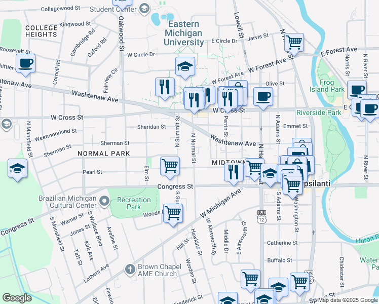 map of restaurants, bars, coffee shops, grocery stores, and more near 121 North Normal Street in Ypsilanti