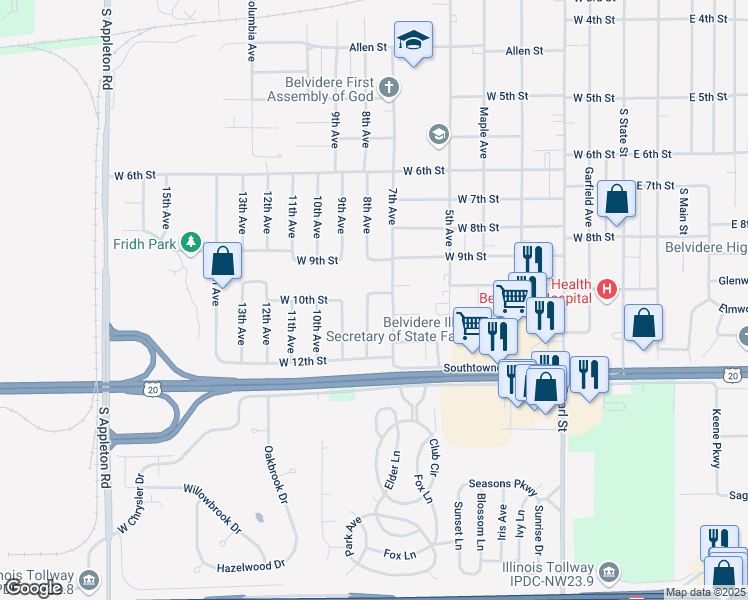 map of restaurants, bars, coffee shops, grocery stores, and more near 704 West 10th Street in Belvidere