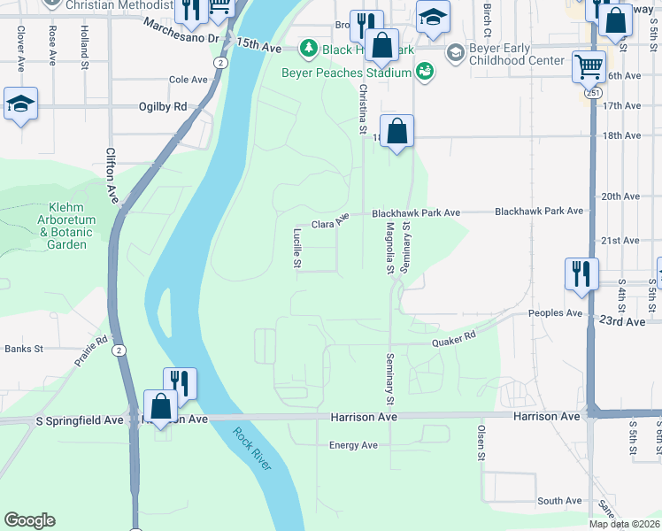 map of restaurants, bars, coffee shops, grocery stores, and more near 2215 Martha Avenue in Rockford