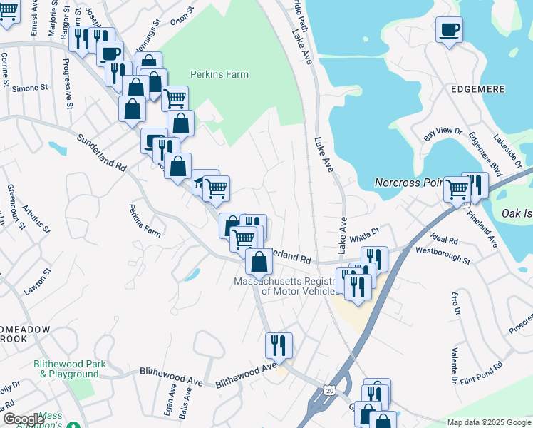 map of restaurants, bars, coffee shops, grocery stores, and more near 13 Pocasset Street in Worcester