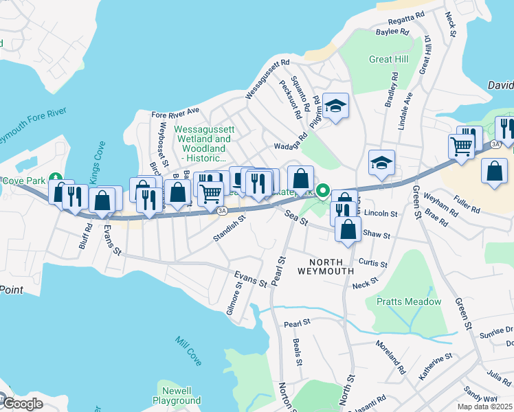 map of restaurants, bars, coffee shops, grocery stores, and more near 398 Massachusetts 3A in Weymouth