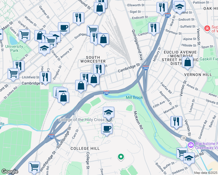 map of restaurants, bars, coffee shops, grocery stores, and more near 18 Dorrance Street in Worcester