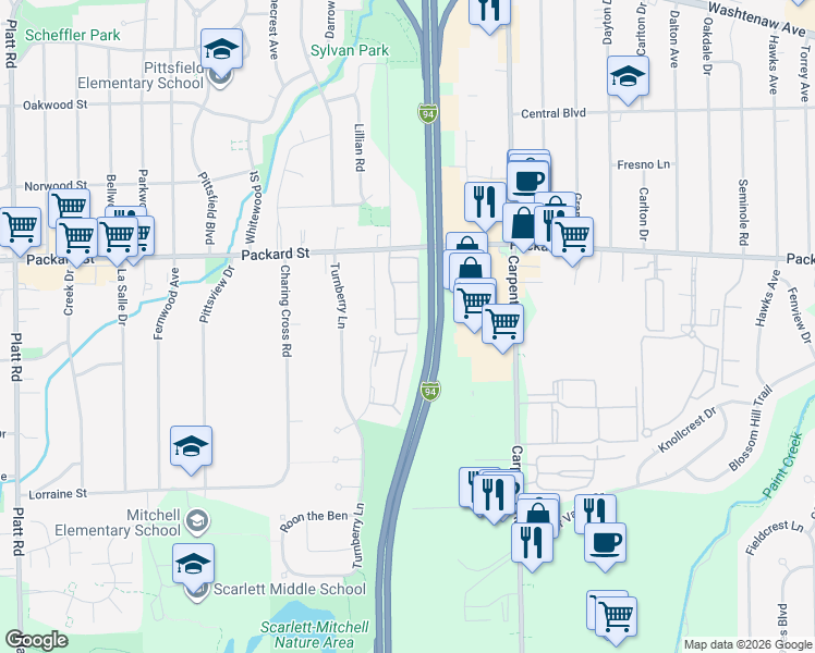 map of restaurants, bars, coffee shops, grocery stores, and more near 3840 Packard Street in Ann Arbor