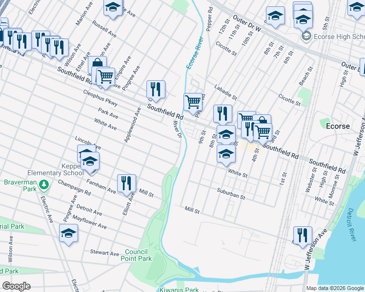 map of restaurants, bars, coffee shops, grocery stores, and more near 416 White Avenue in Lincoln Park