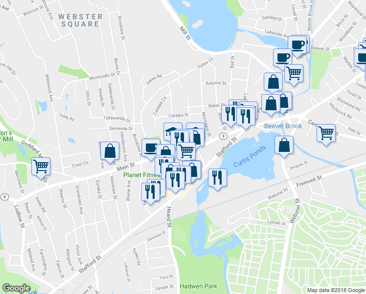 map of restaurants, bars, coffee shops, grocery stores, and more near 2 Holland Road in Worcester