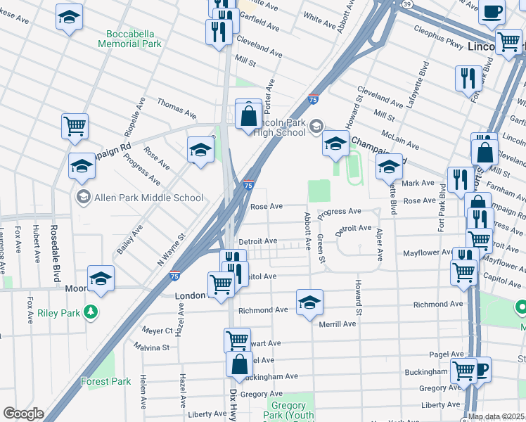 map of restaurants, bars, coffee shops, grocery stores, and more near 1809 Rose Avenue in Lincoln Park