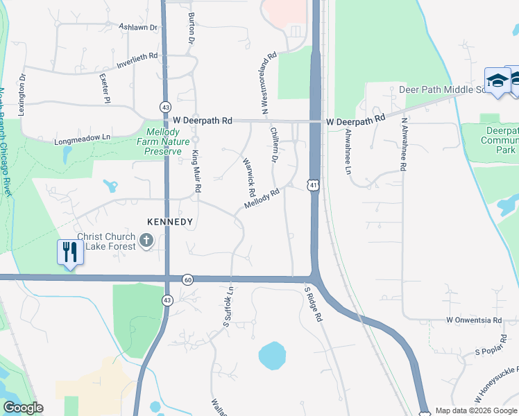 map of restaurants, bars, coffee shops, grocery stores, and more near 765 Mellody Road in Lake Forest
