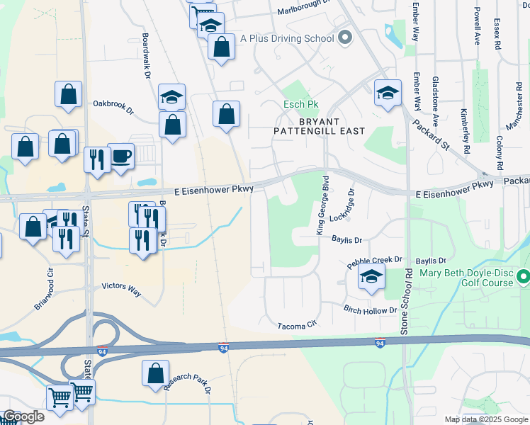 map of restaurants, bars, coffee shops, grocery stores, and more near 3236 Alpine Drive in Ann Arbor
