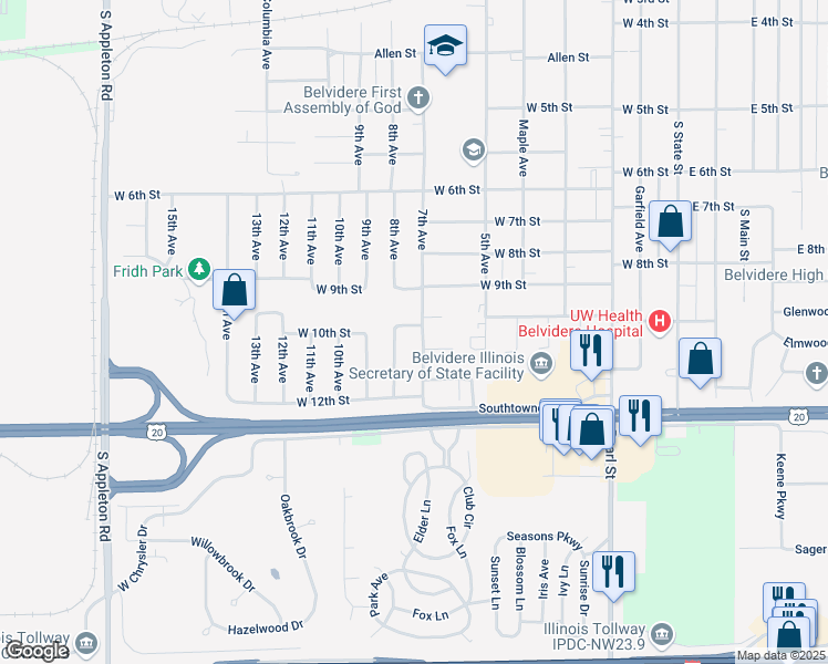 map of restaurants, bars, coffee shops, grocery stores, and more near 704 West 10th Street in Belvidere