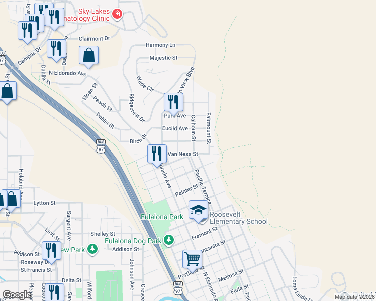 map of restaurants, bars, coffee shops, grocery stores, and more near 1991 Van Ness Avenue in Klamath Falls