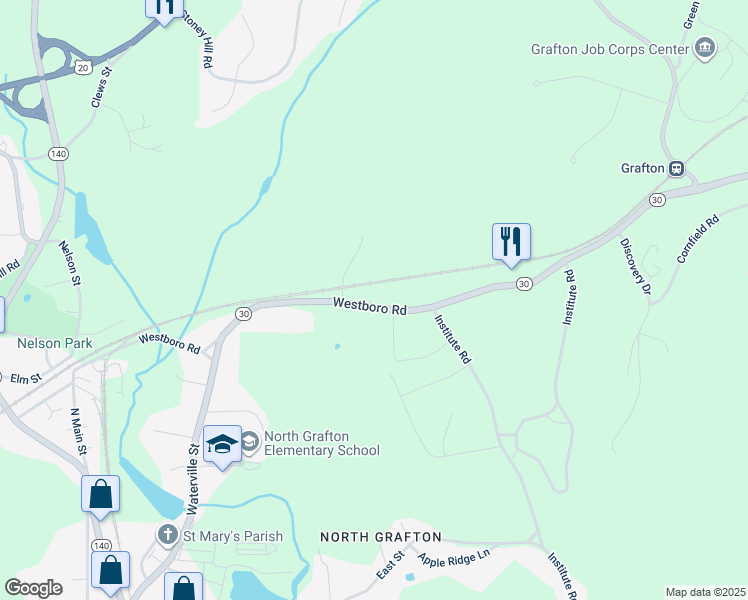 map of restaurants, bars, coffee shops, grocery stores, and more near 111 Westboro Road in Grafton