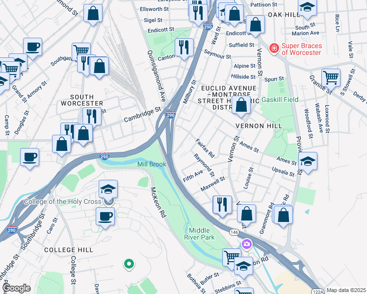 map of restaurants, bars, coffee shops, grocery stores, and more near 212 Perry Avenue in Worcester