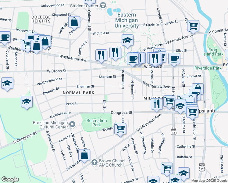map of restaurants, bars, coffee shops, grocery stores, and more near 920 Grant Street in Ypsilanti