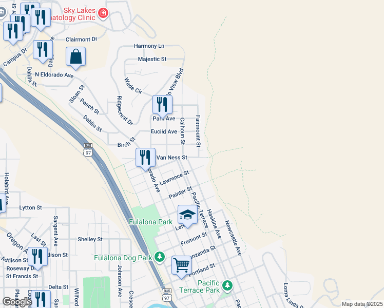 map of restaurants, bars, coffee shops, grocery stores, and more near 2041 Van Ness Ave in Klamath Falls