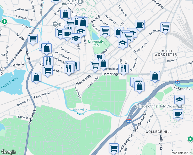 map of restaurants, bars, coffee shops, grocery stores, and more near 5 Saint Johns Road in Worcester