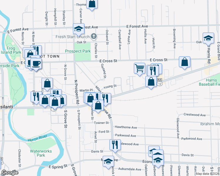 map of restaurants, bars, coffee shops, grocery stores, and more near 818 Young Street in Ypsilanti