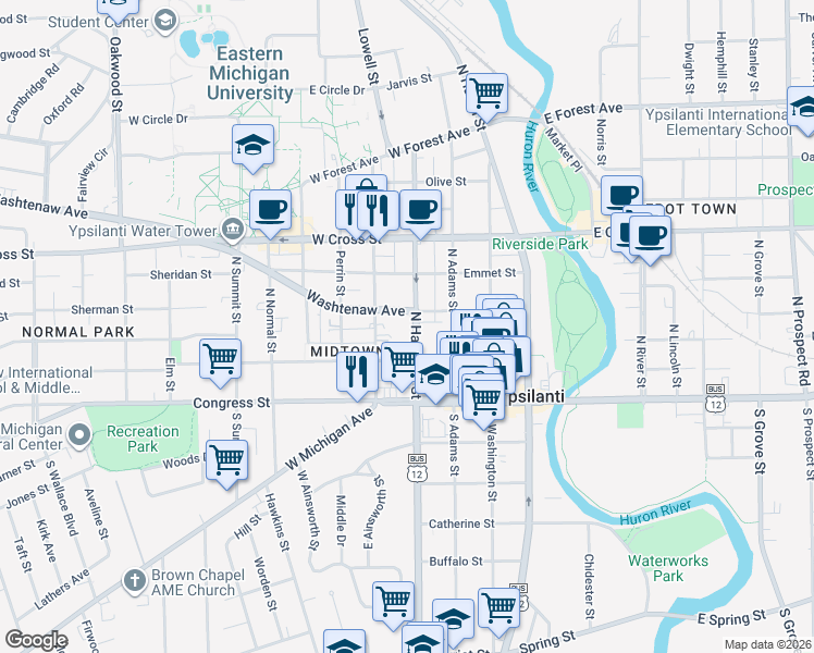 map of restaurants, bars, coffee shops, grocery stores, and more near 112 North Hamilton Street in Ypsilanti