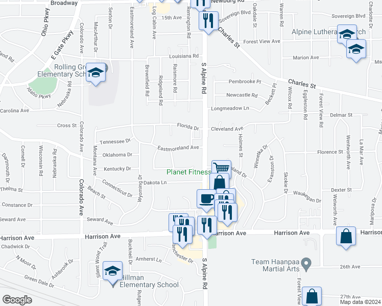 map of restaurants, bars, coffee shops, grocery stores, and more near 2323 Eastmoreland Avenue in Rockford
