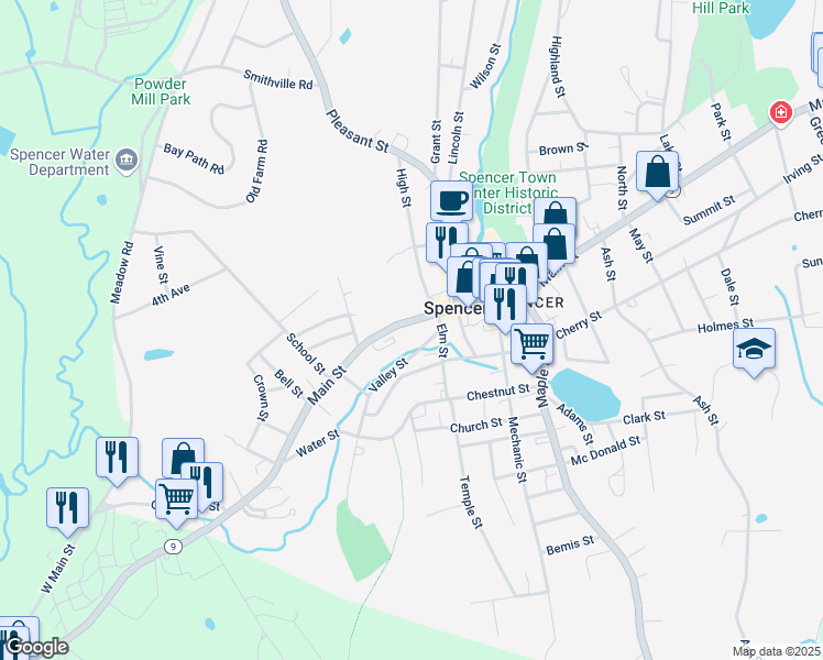map of restaurants, bars, coffee shops, grocery stores, and more near 88 Main Street in Spencer