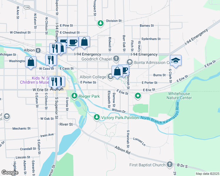 map of restaurants, bars, coffee shops, grocery stores, and more near 601 East Erie Street in Albion