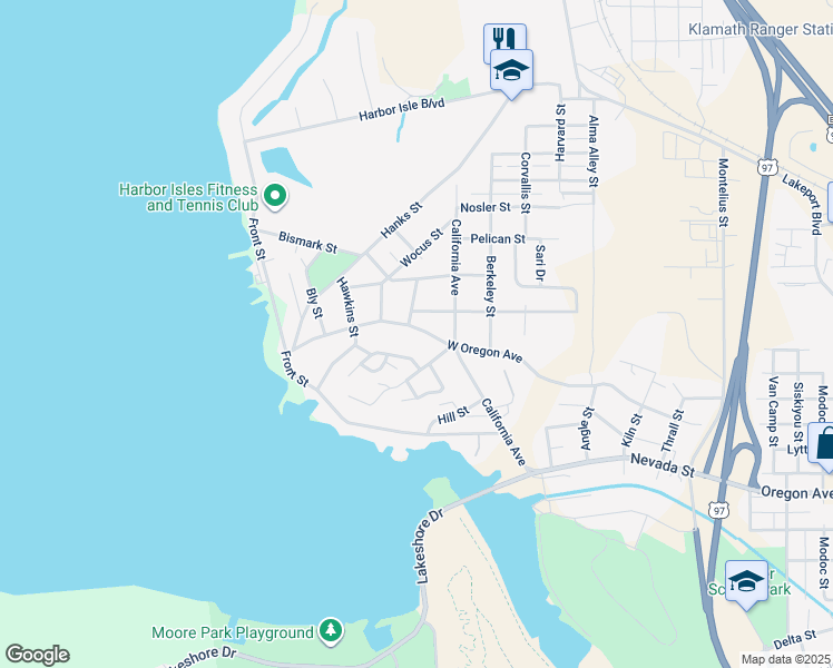 map of restaurants, bars, coffee shops, grocery stores, and more near 811 Quail Point Drive in Klamath Falls