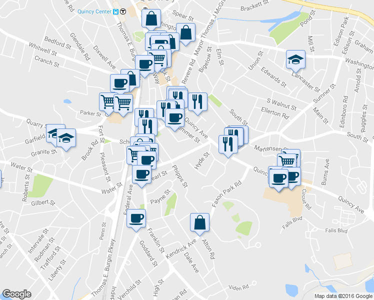 map of restaurants, bars, coffee shops, grocery stores, and more near 41 Water Street in Quincy
