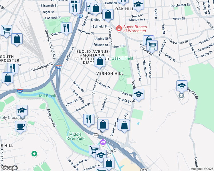 map of restaurants, bars, coffee shops, grocery stores, and more near 10 Ames Street in Worcester