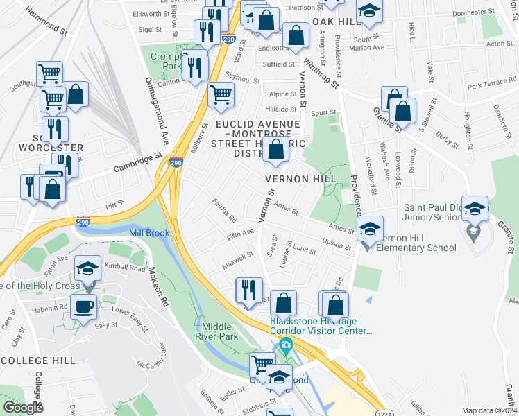 map of restaurants, bars, coffee shops, grocery stores, and more near 176 Vernon Street in Worcester