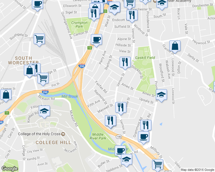 map of restaurants, bars, coffee shops, grocery stores, and more near 35 Fairfax Road in Worcester