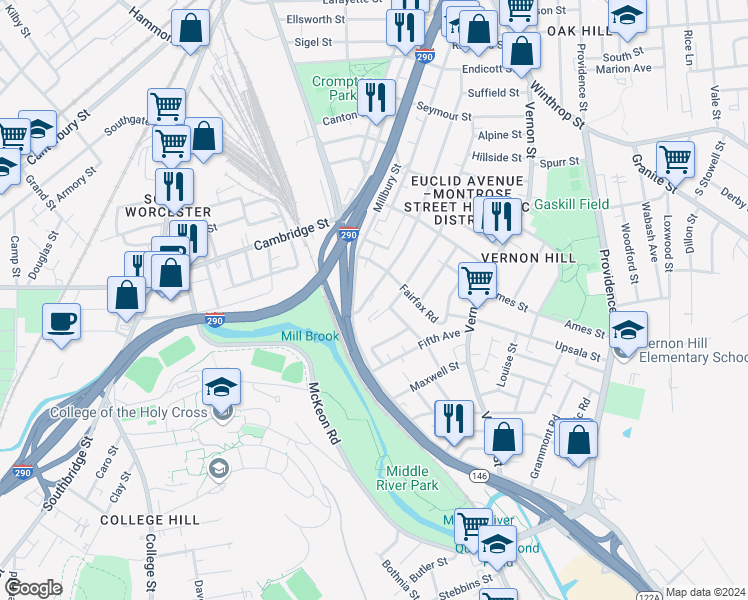 map of restaurants, bars, coffee shops, grocery stores, and more near 212 Perry Avenue in Worcester