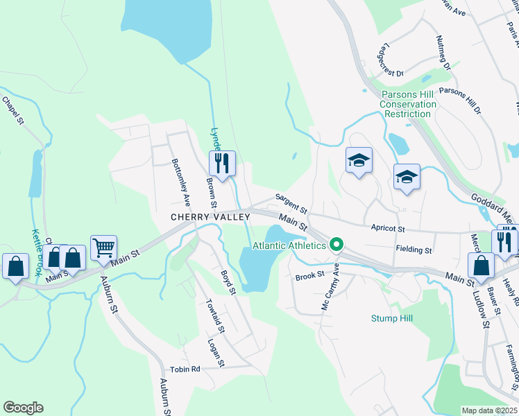 map of restaurants, bars, coffee shops, grocery stores, and more near 146 Main Street in Leicester