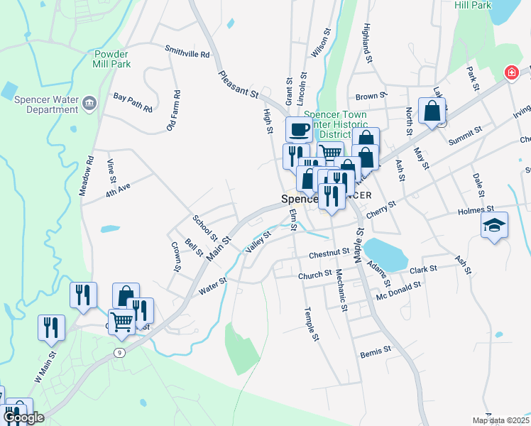 map of restaurants, bars, coffee shops, grocery stores, and more near 88 Main Street in Spencer