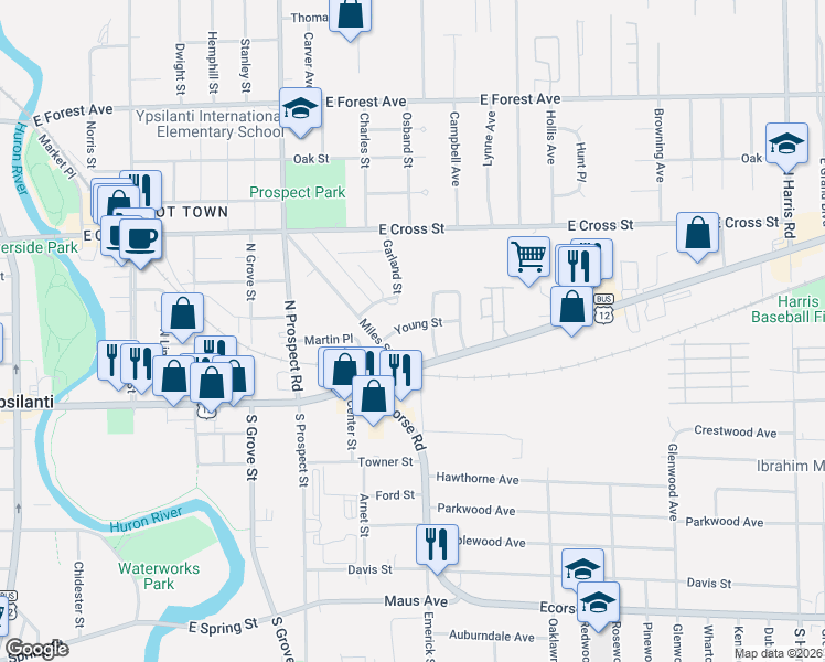 map of restaurants, bars, coffee shops, grocery stores, and more near 808 Young Street in Ypsilanti