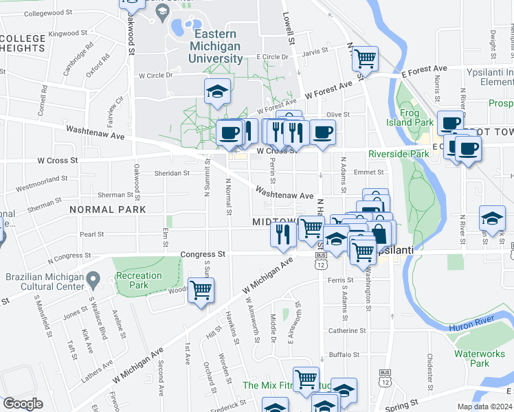 map of restaurants, bars, coffee shops, grocery stores, and more near 121 College Place in Ypsilanti