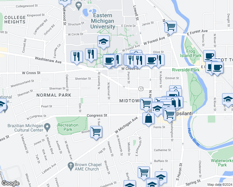 map of restaurants, bars, coffee shops, grocery stores, and more near 121 College Place in Ypsilanti