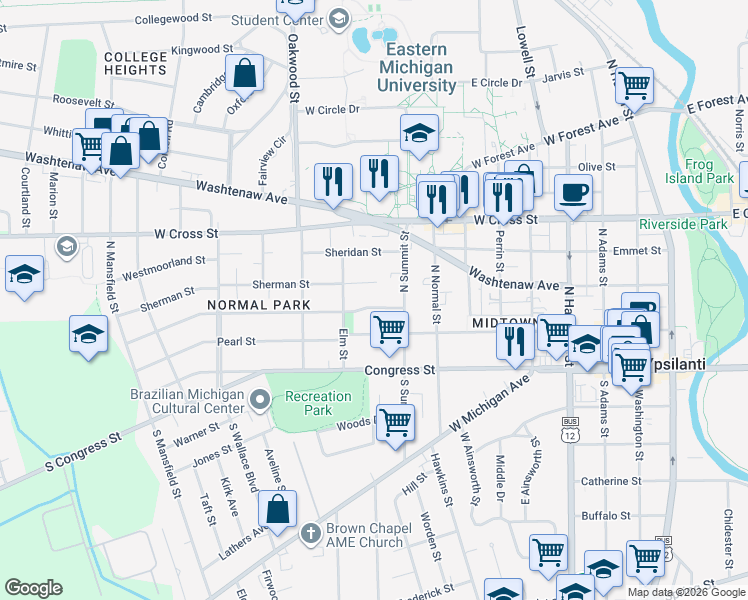 map of restaurants, bars, coffee shops, grocery stores, and more near 920 Grant Street in Ypsilanti