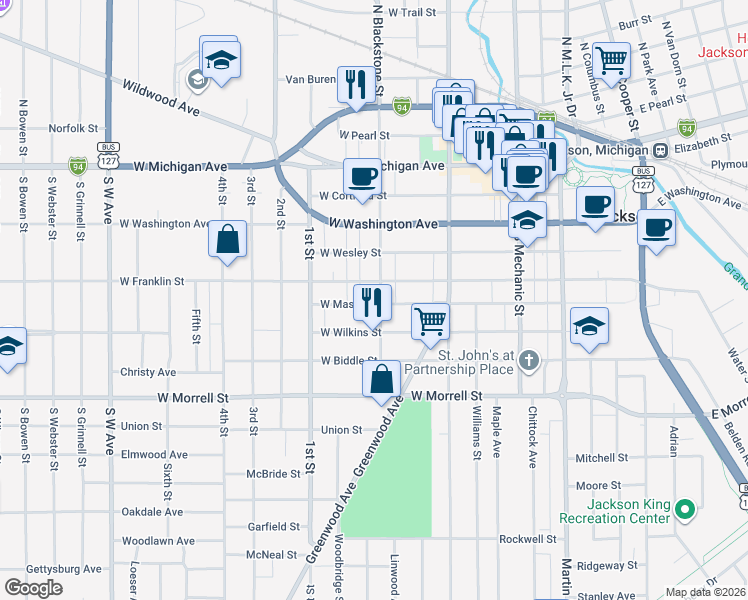 map of restaurants, bars, coffee shops, grocery stores, and more near 510 South Blackstone Street in Jackson