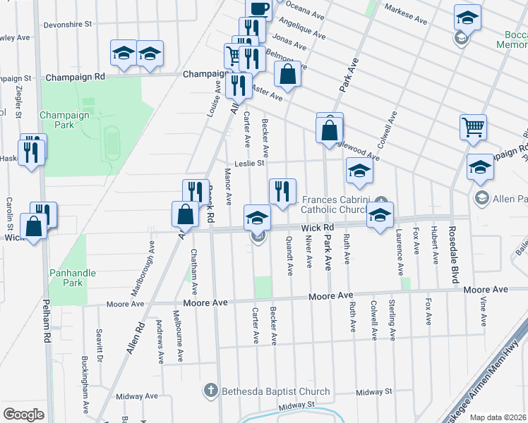 map of restaurants, bars, coffee shops, grocery stores, and more near 72 Becker Avenue in Allen Park
