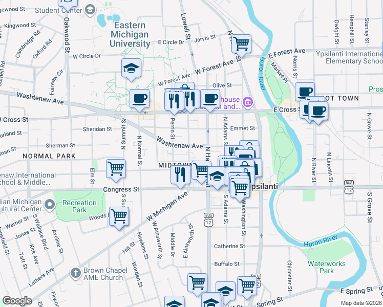 map of restaurants, bars, coffee shops, grocery stores, and more near 118 Ballard Street in Ypsilanti