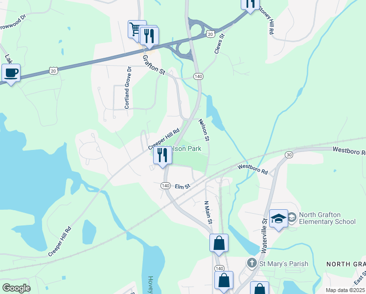 map of restaurants, bars, coffee shops, grocery stores, and more near 6 Prentice Street in Grafton