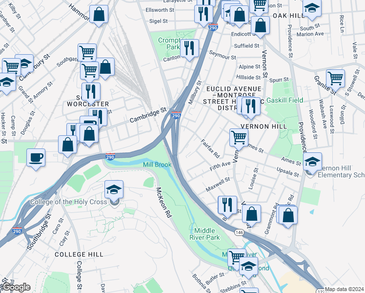 map of restaurants, bars, coffee shops, grocery stores, and more near 212 Perry Avenue in Worcester