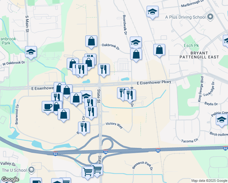 map of restaurants, bars, coffee shops, grocery stores, and more near 3003 South State Street in Ann Arbor