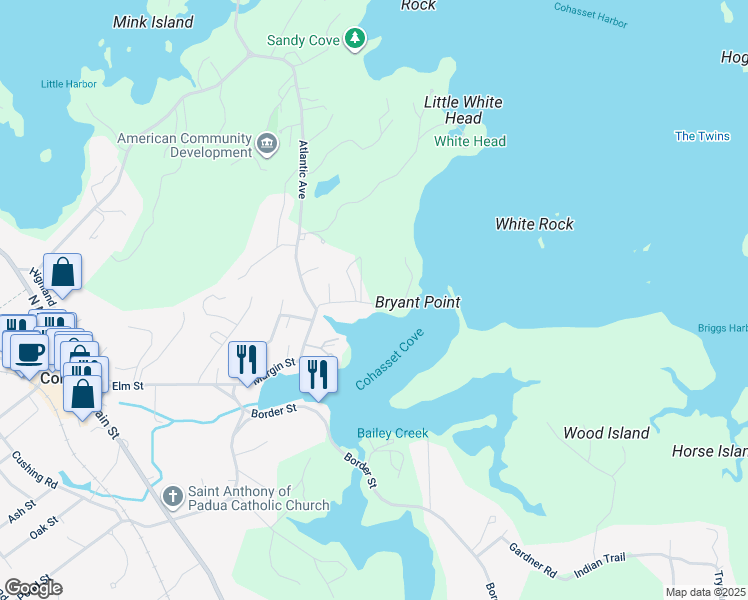 map of restaurants, bars, coffee shops, grocery stores, and more near 92 Howard Gleason Road in Cohasset