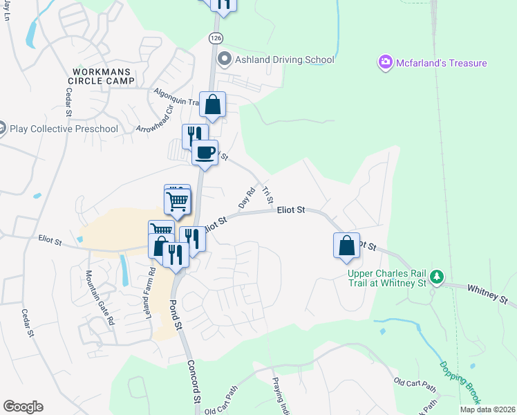 map of restaurants, bars, coffee shops, grocery stores, and more near 350 Eliot Street in Ashland
