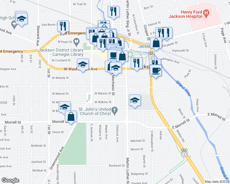 map of restaurants, bars, coffee shops, grocery stores, and more near 513 South Mechanic Street in Jackson