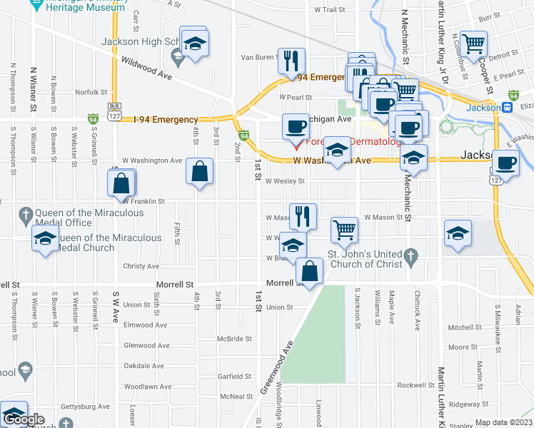 map of restaurants, bars, coffee shops, grocery stores, and more near 334 West Mason Street in Jackson