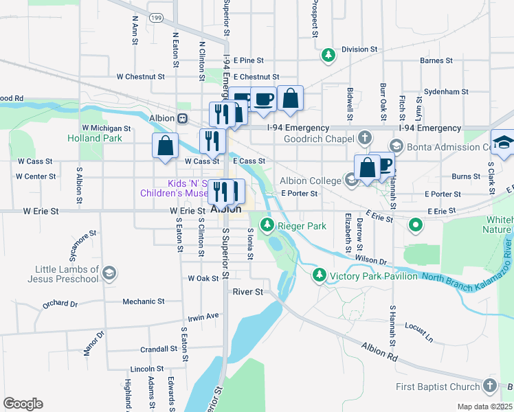 map of restaurants, bars, coffee shops, grocery stores, and more near 203 East Erie Street in Albion