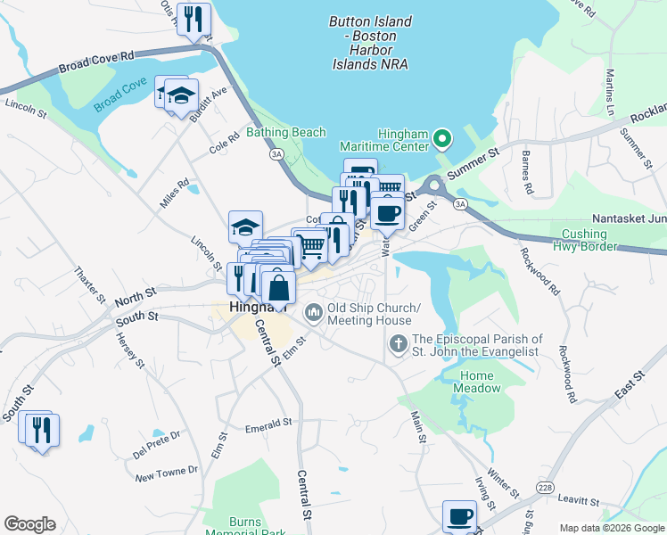 map of restaurants, bars, coffee shops, grocery stores, and more near 27 Station Street in Hingham
